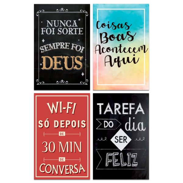 Kit 4 Placas Decorativas Frases Deus Wifi Feliz Mdf 20x13 cm