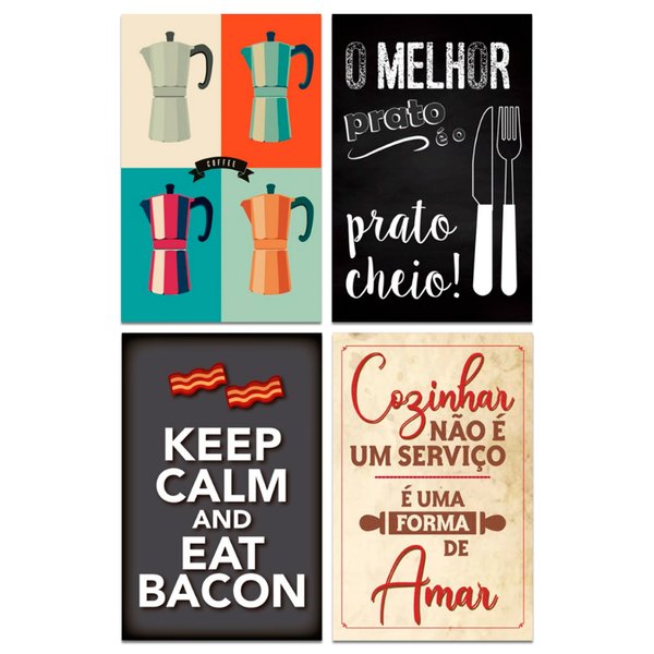 Kit Placas Decorativas Frase Cozinha Café Mdf 4 pçs 20x13 cm