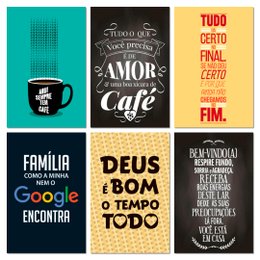 Imagem de Kit 6 Placas Decorativas Frases Família Amor Café 20x13 cm