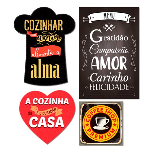 Kit 4 Placas Decorativas Frases Cozinha Coração Café Amor