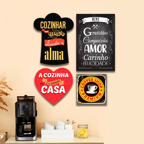 Kit 4 Placas Decorativas Frases Cozinha Coração Café Amor