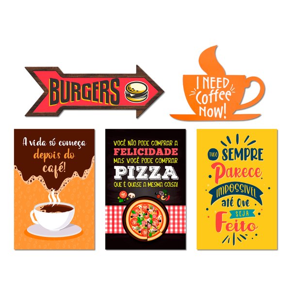 Kit 5 Placas Decorativas Cozinha Lanches Frases Café Seta