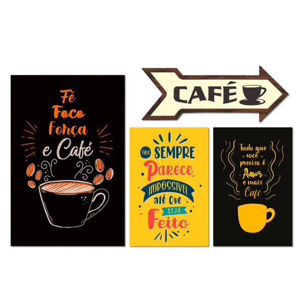 Kit 4 Placas Decorativas Café Frases Cozinha Lanches  Seta