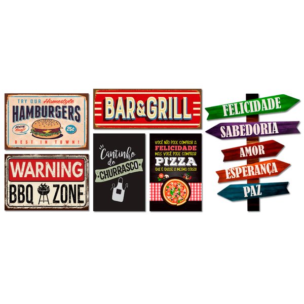Kit 6 Placas Decorativas Frases Cozinha Churrasco Seta