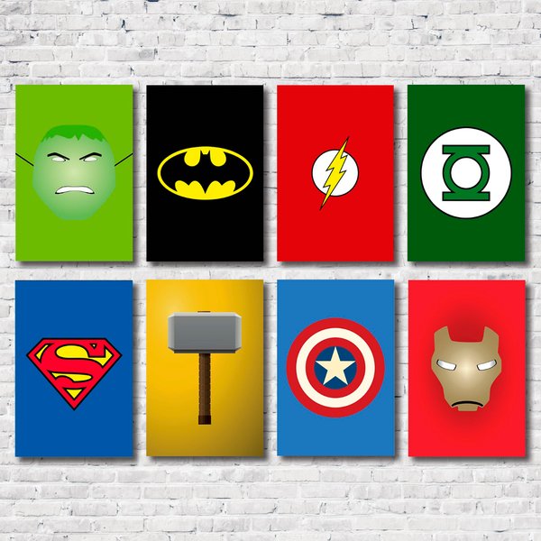 Kit 8 Placas Decorativas Mdf Herois Geek Marvel