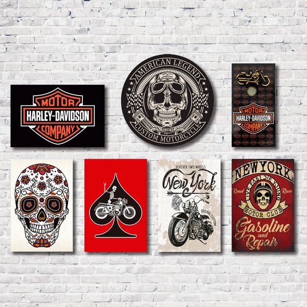 Kit 6 Placas Decorativas Moto + Abridor de Garrafas C/ Imã Harley Mdf