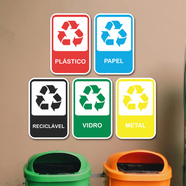 Kit 5 Placas Sinalização Reciclagem Coleta Seletiva 20x13 cm