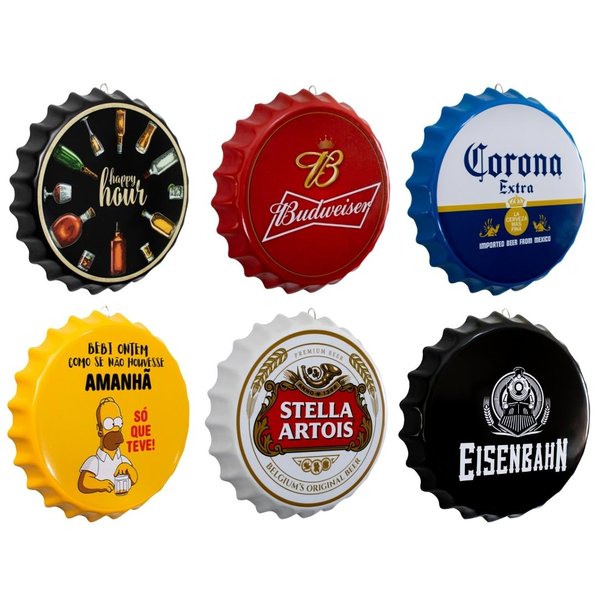 Kit 6 Placas Decorativas Tampas Cervejas Bebidas 35 cm Redonda