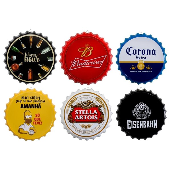 Kit 6 Placas Decorativas Tampas Cervejas Bebidas 35 cm Redonda