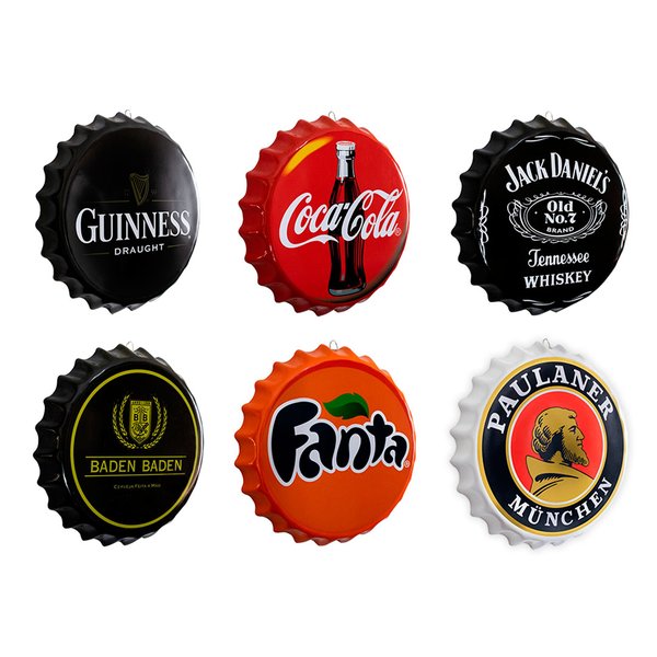 Kit 6 Placas Decorativas Tampas Bebidas Cervejas 35 cm Redonda