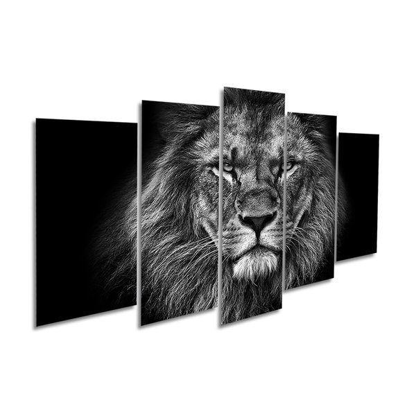 Quadro Decorativo Mosaico Leão Preto  5 Peças 110x60cm Sala