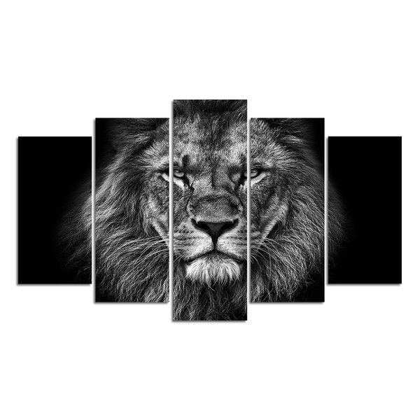 Quadro Decorativo Mosaico Leão Preto  5 Peças 110x60cm Sala