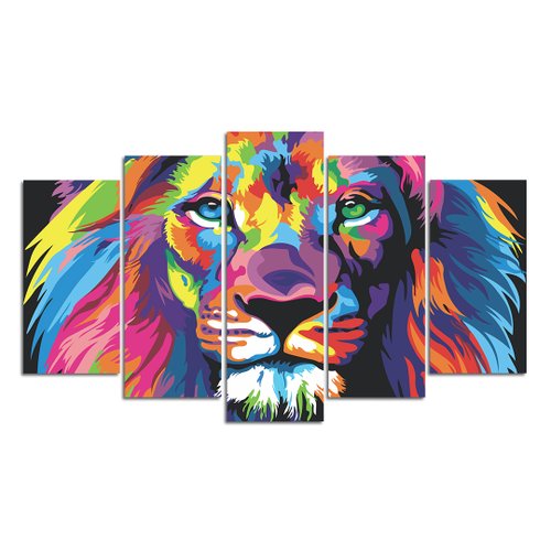Quadro Decorativo Mosaico Leão Colorido 5 Peças 110x60 cm