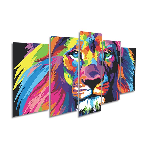 Quadro Decorativo Mosaico Leão Colorido 5 Peças 110x60 cm