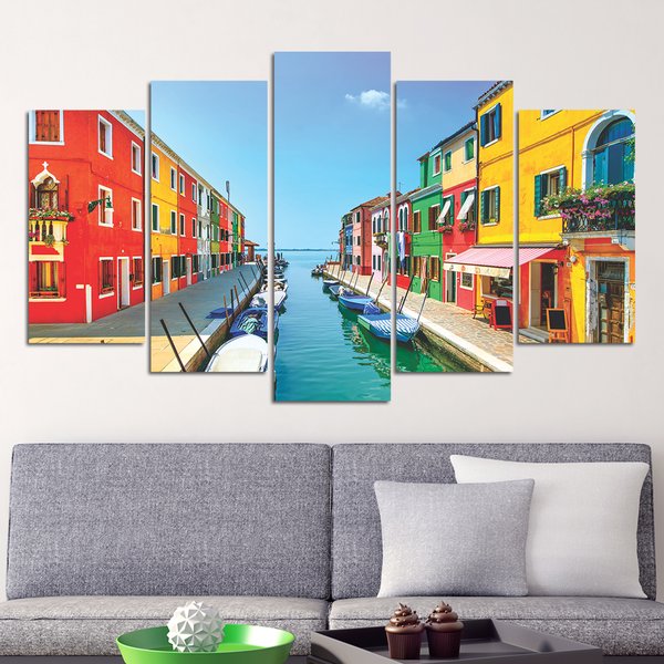 Quadro Decorativo Mosaico Cidade Colorida 5 Peças 110x60cm
