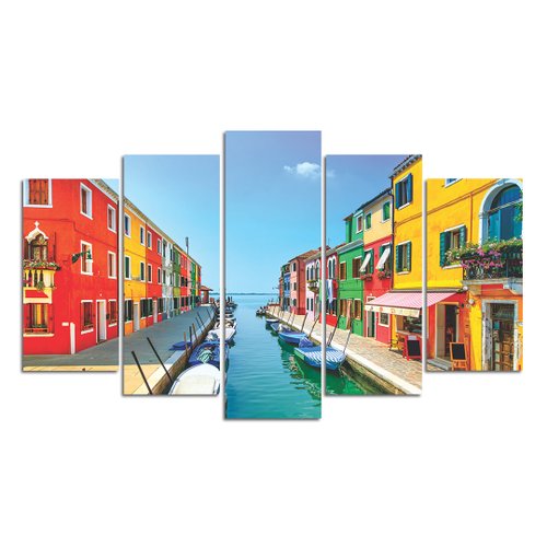 Quadro Decorativo Mosaico Cidade Colorida 5 Peças 110x60cm
