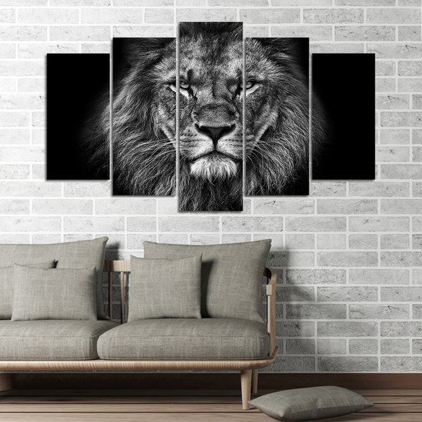 Quadros Decorativos Leão Mosaico Sala Mdf 5 Pçs 110x60 cm
