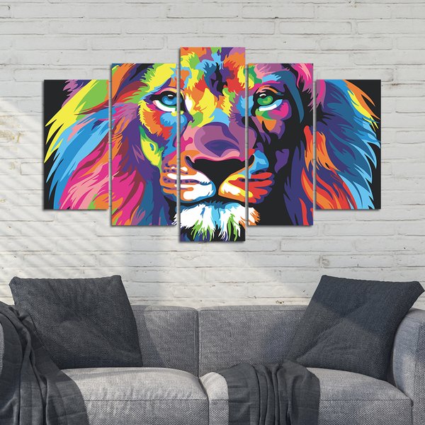 Quadros Decorativos Leão Colorido Mosaico Mdf 5 Pçs 110x60cm
