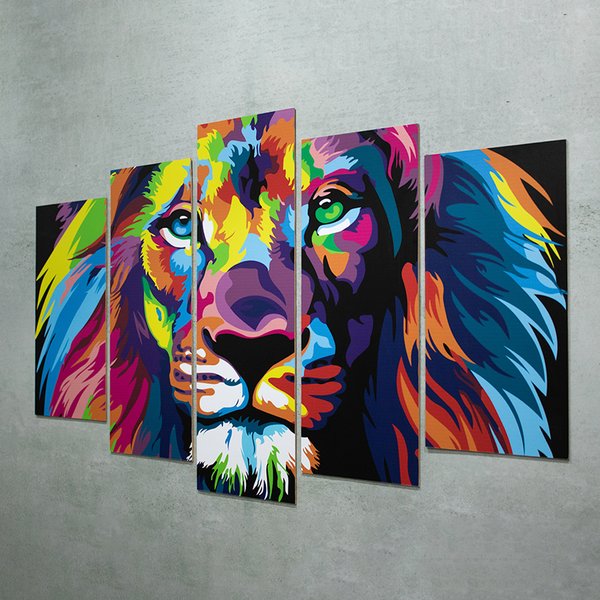 Quadros Decorativos Leão Colorido Mosaico Mdf 5 Pçs 110x60cm