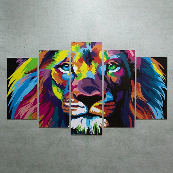 Quadros Decorativos Leão Colorido Mosaico Mdf 5 Pçs 110x60cm