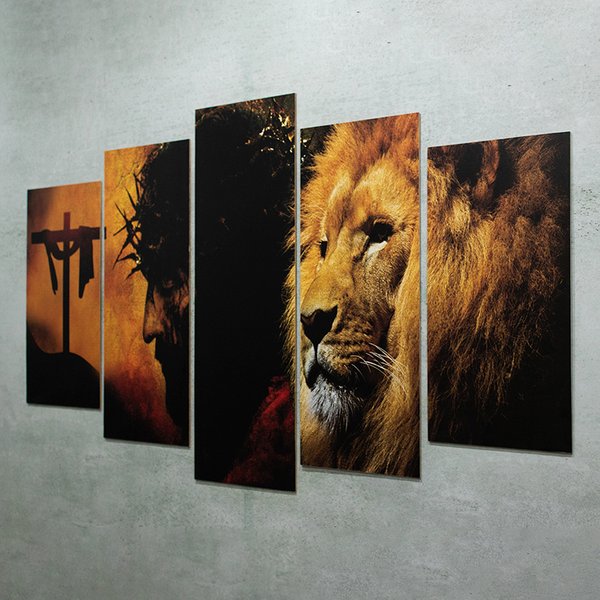 Quadros Decorativos Leão Juda Jesus Sala Mdf 5 Pçs 110x60cm