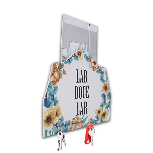 Porta Chaves e Cartas de Parede Frase Lar 4 ganchos 25x18 cm