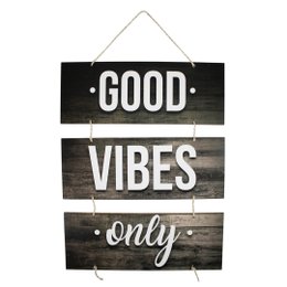 Imagem de Placa Decorativa Frase Good Vibes Only Com Corda 70x40 Cm