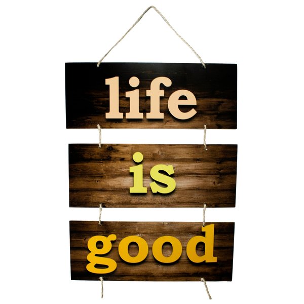 Placa Decorativa Frases Life Is Good Com Corda 70x40 Cm