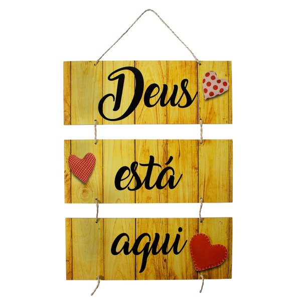 Placa Decorativa Frases Deus Está Aqui Com Corda 70x40 Cm
