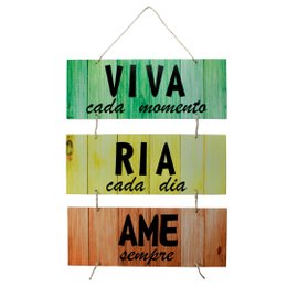 Imagem de Placa Decorativa Frases Viva Ria Ame Com Corda 70x40 Cm