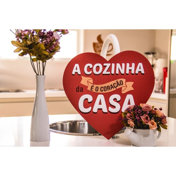 Placa Decorativa Frase Cozinha Coração Recorte 30x30 Cm