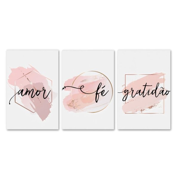 Kit 3 Placas Decorativas Frase Fé Amor Gratidão 20x30 cm Mdf