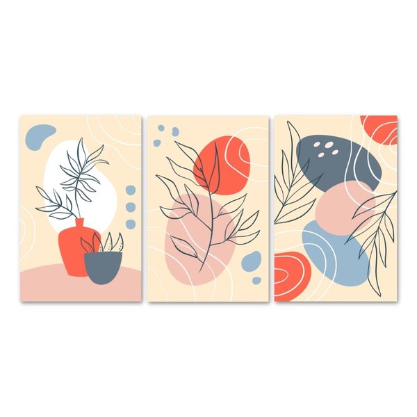 Kit 3 Placas Decorativas Flores Folhas Abstrato 20x30 cm Mdf