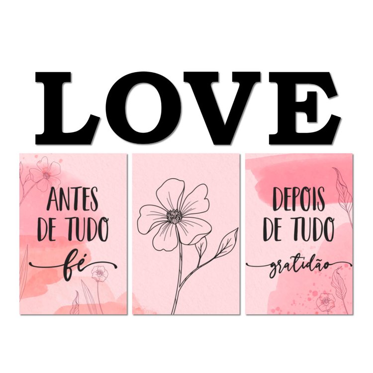 Kit 3 Placas Decorativas Frases Gratidão Amor C/ Letras Love