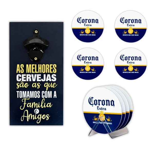 Kit 4 Porta Copos Frase Cerveja C/ Suporte + Abridor Garrafa