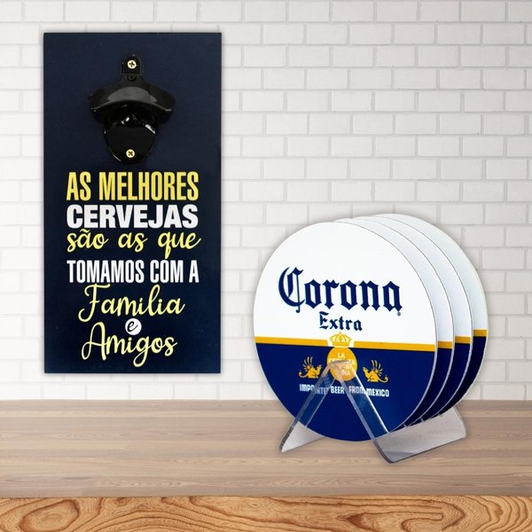 Kit 4 Porta Copos Frase Cerveja C/ Suporte + Abridor Garrafa
