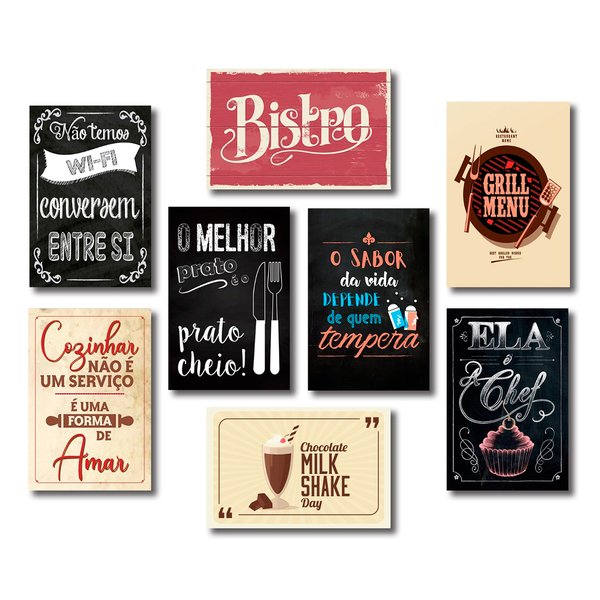 Kit 8 Placas Decorativas Cozinha Frases Retrô Restaurante