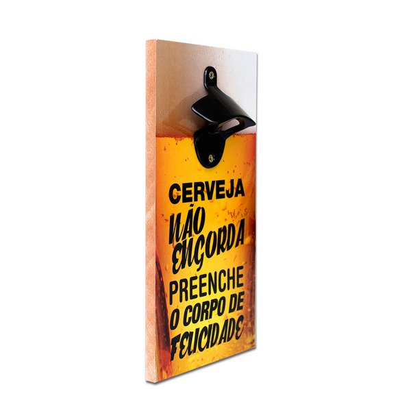Abridor Garrafas Parede Frase Felicidade Mdf c/ Imã 25x13 Cm