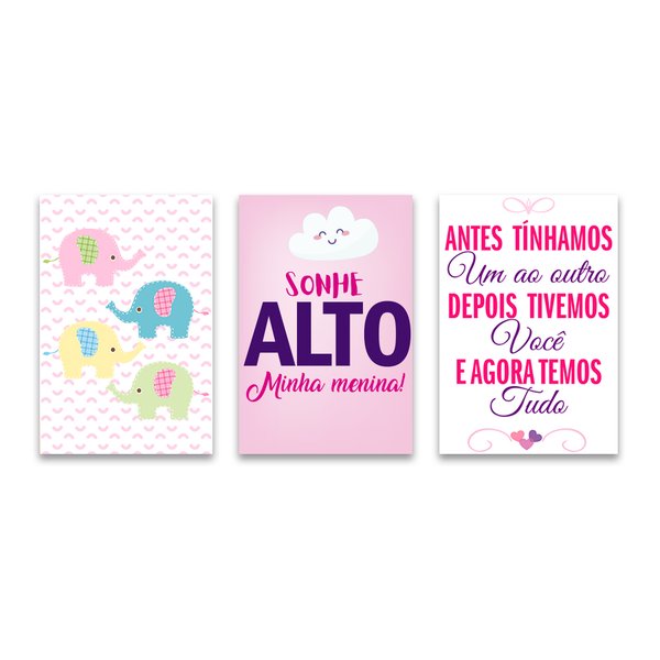 Kit 3 Placas Decorativas Infantil Frase Sonhe Mdf 20x30 cm