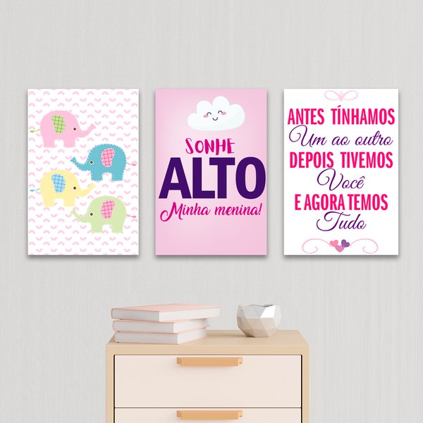 Kit 3 Placas Decorativas Infantil Frase Sonhe Mdf 20x30 cm