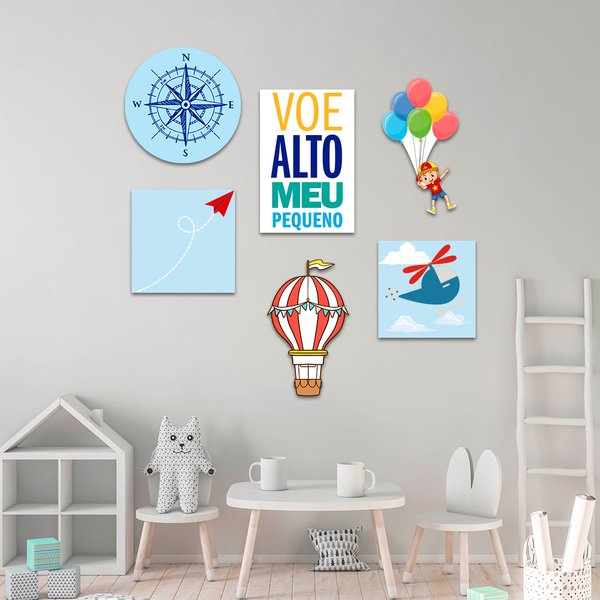 Kit 6 Placas Quadros Decorativos Infantil Menino Voe Alto