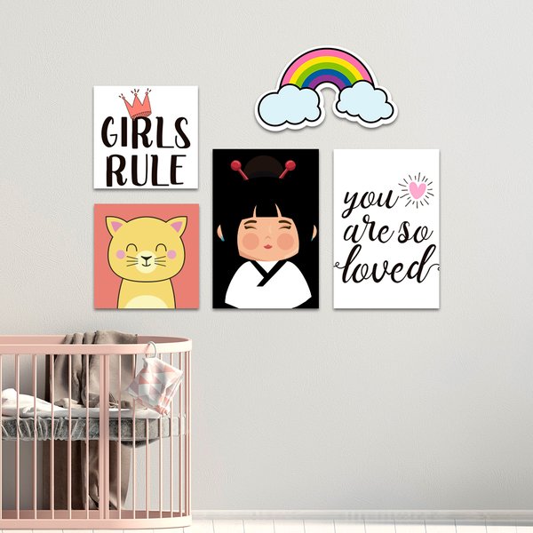 Kit 5 Placas Quadros Decorativos Infantil Menina Kids Nuvem