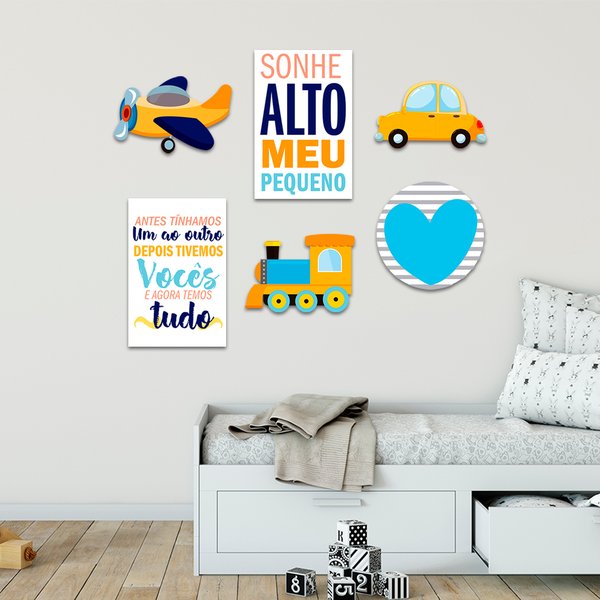 Kit 6 Placas Quadros Decorativos Infantil Menino Sonhe Alto