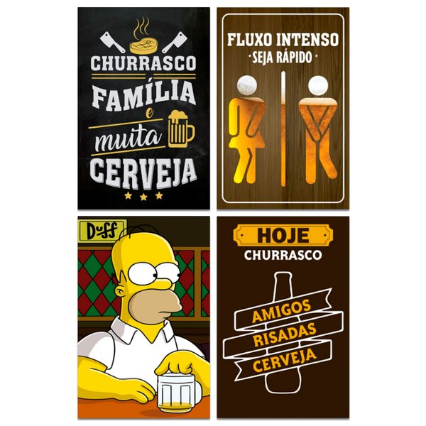 Kit 4 Placas Decorativas Bebidas Churrasco Frases Cervejas