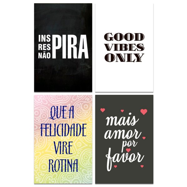 Kit 4 Placas Decorativas Frases Amor Felicidade Good Vibe
