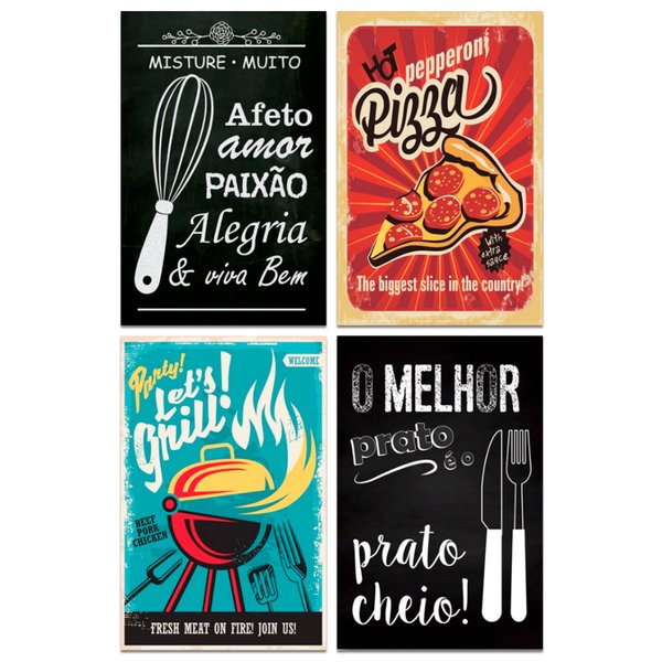 Kit 4 Placas Decorativas Frases Cozinha Lanches Churrasco