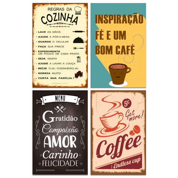 Kit 4 Placas Decorativas Frases Café Cozinha Amor