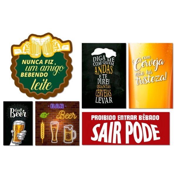 Kit 6 Placas Decorativas Cervejas Frases Bebidas Bar