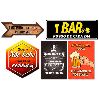 Kit 5 Placas Decorativas Cervejas Frases Churrasco Bar Seta