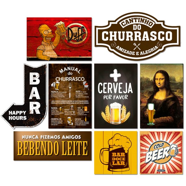 Kit 9 Placas Decorativas Bebidas Cervejas Cantinho Churrasco